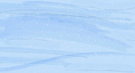 Watercolor textured blue background with falling snow. Winter background for Christmas, New Year, holidays, celebrations and greeting card design.