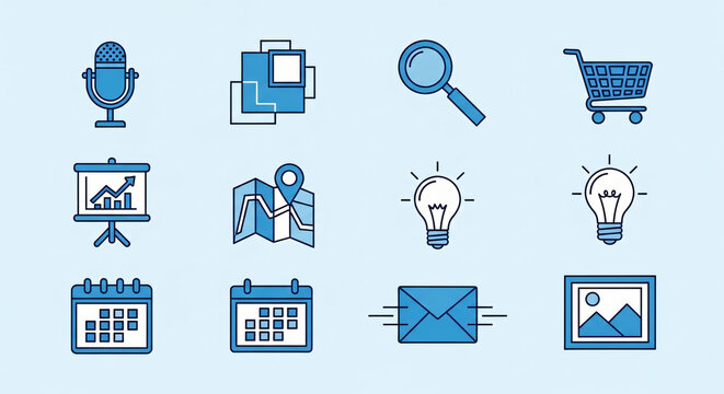 Illustration of business icons including microphone graph calendar and lightbulb on a light blue background