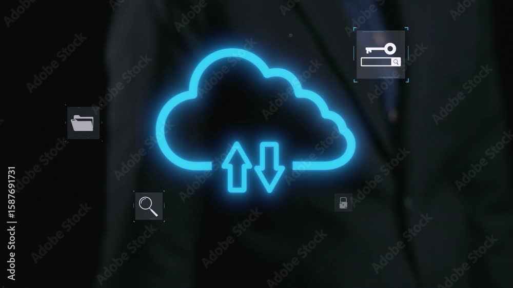Poster this digital artwork depicts a futuristic cloud computing interface with vibrant arrows symbolizing 
