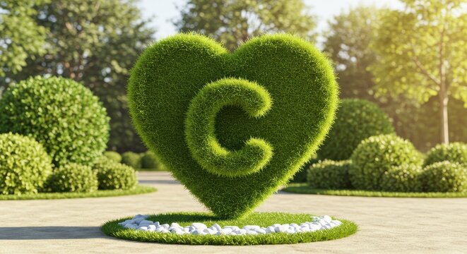 Green heart shaped topiary with a c swirl isolated on white background