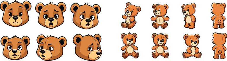 Cartoon set of teddy bear in diverse poses and emotive facial expressions.