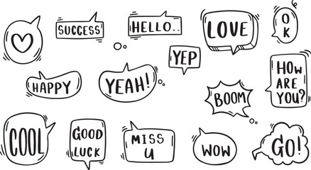 Hand-Drawn Speech Bubbles Vector Set – Comic, Text, Doodle, Hello, Expression, Talk, Message, Sketch, Outline, Pop Art