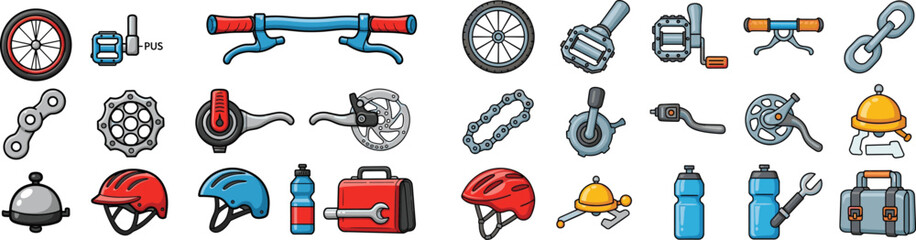 Cartoon set of bicycle parts and accessories, helmets, water bottle, tool box in vector format.