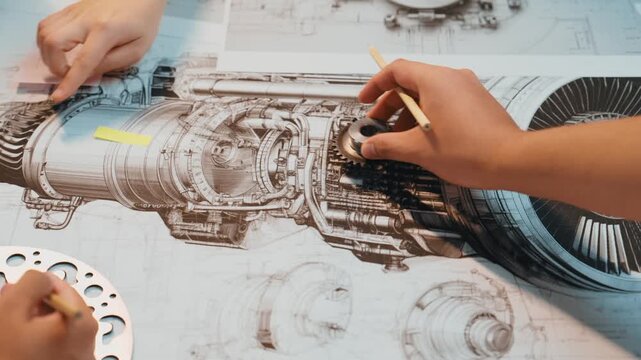 An engineer hands work on detailed engine components surrounded by technical drawings, illustrating the intricate process of aerospace machinery design and analysis. SACTR