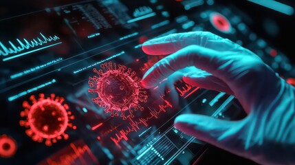 A gloved hand interacting with a digital display of coronavirus models and data visualizations