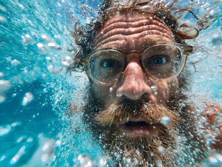 Beard man with glasses diving in a blue clean water