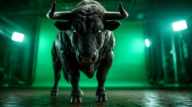 Schwarzer Stier im Studio mit dramatischer Beleuchtung &ndash; Symbol f&uuml;r steigende B&ouml;rsenkurse
