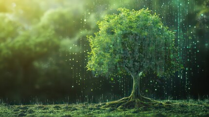 A digital tree with binary code cascading down, standing in a lush green field with a soft glow