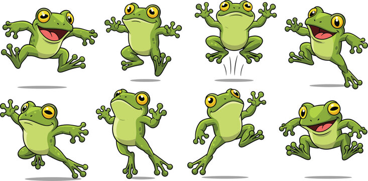 Cartoon vector illustration of cute frog character in 8 different poses.