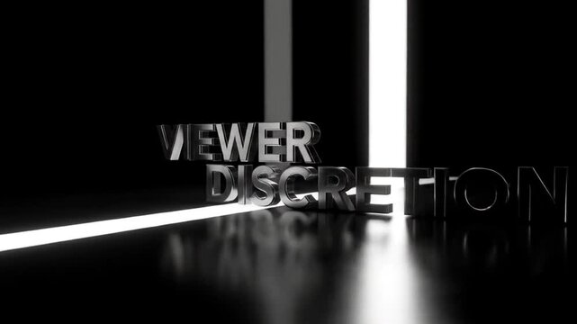 Metallic Viewer Discretion Text Revealing on Dark Background with Bright Light Rays