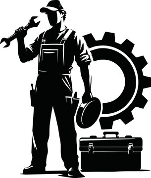 mechanic holding wrench, gear, toolbox silhouette clip art preview