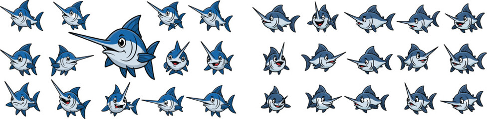 Cartoon marlin set with different expressions isolated on white background.