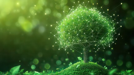 A glowing green tree with a network of connecting lines against a blurred green background