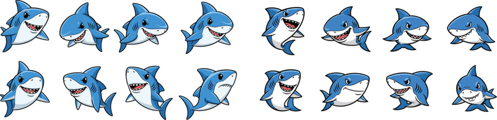 Collection of cartoon blue sharks in various playful poses and expressions.