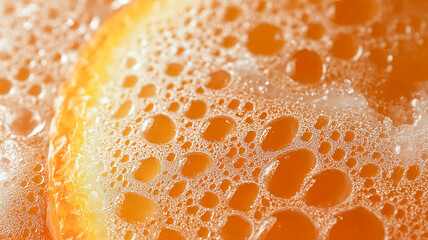 Vibrant orange drink with many small bubbles.
Textured image of carbonated orange juice.