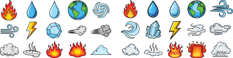 Set of cartoon elemental icons; fire, water, earth, wind, electricity, crystals, clouds, steam.