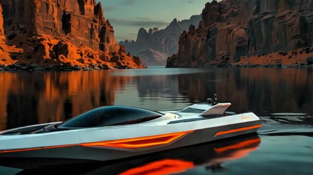 A futuristic-looking boat floating on calm water in a mountainous, desert-like landscape. The boat has a modern design with sharp, angular lines and a predominantly white color with orange accents. 