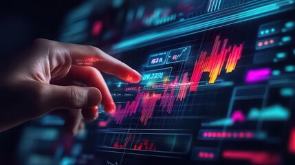 A finger touching a digital screen displaying financial data and stock market analysis charts and graphs