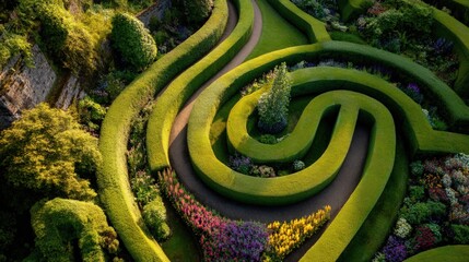 Aerial view of a beautifully designed garden maze with lush greenery and colorful flowers, creating a serene and picturesque landscape.