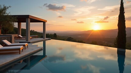 Obraz na płótnie Canvas A breathtaking view of sunset ocean view modern cliffside home infinity pool.