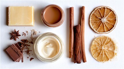 Flat lay of natural skincare products with chocolate, cinnamon sticks, dried orange slices, and star anise on a white background.
