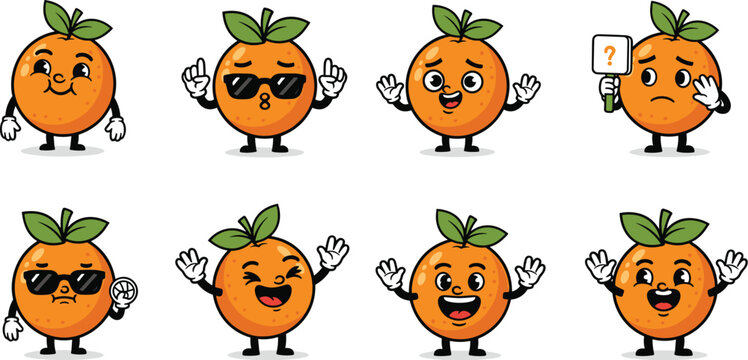 Cartoon orange mascot characters set with various emotions and expressions.