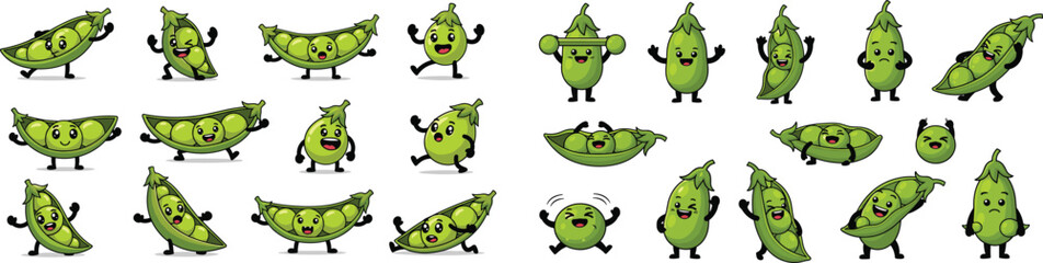 Cartoon peas characters with funny expressions, poses, activities in a collection, isolated on white background.