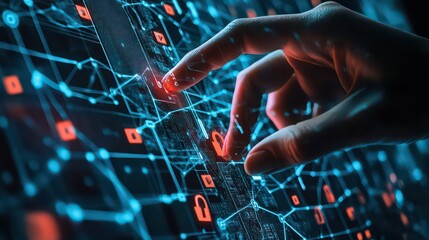 A hand interacting with a digital interface displaying security locks and network connections