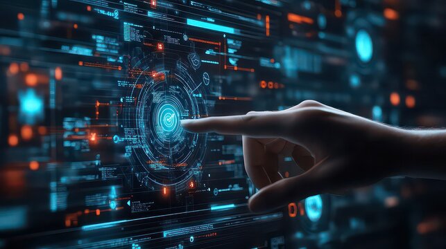 A finger touching a futuristic interface with glowing blue and orange digital elements and data streams