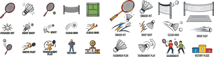 Badminton icons vector set with racket, shuttlecock, net, court and player hits for tournament play, drop shot, drive fast and smash hit
