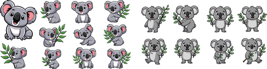 Collection of cute koala bear cartoon characters in various poses holding eucalyptus branches.