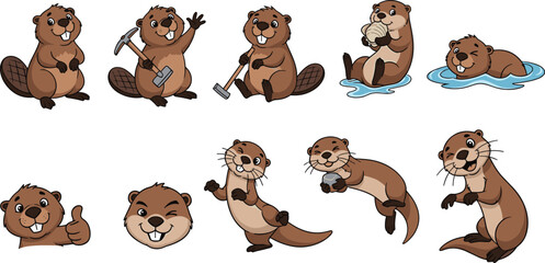 Cartoon beavers and otters vector illustration set in different poses and expressions.