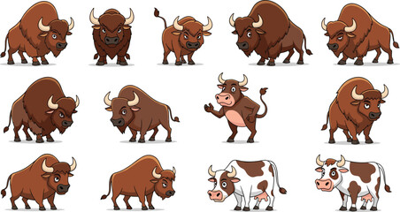 Cartoon illustration collection featuring bison and cows in various poses and expressions on a white background.