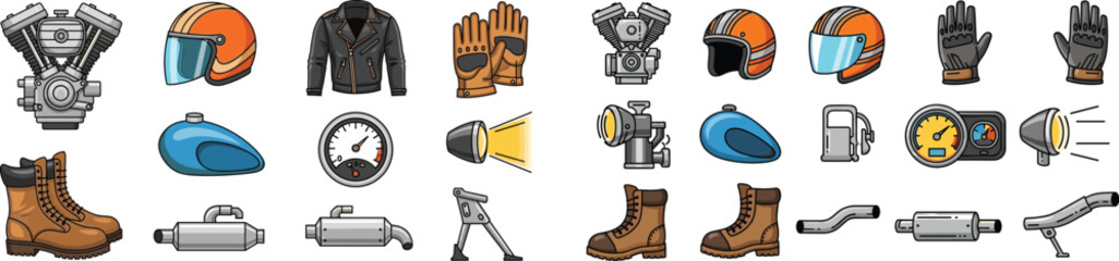 Motorcycle parts and apparel: engine, helmet, jacket, boots, gauges, gloves, and exhaust pipe icons set