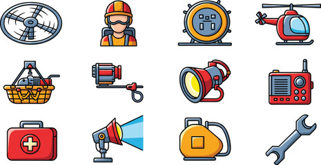 Cartoon icons of emergency equipment including firefighter, helicopter, and first aid kit.