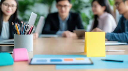 A diverse group of colleagues gathers around a table, collaborating and brainstorming ideas, in a bright and modern office environment. Business concept in office.