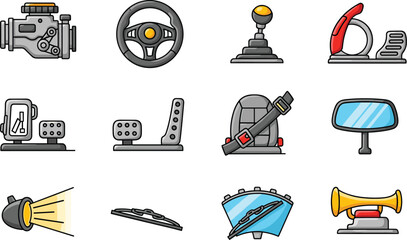 Car parts icons vector set: engine, steering wheel, gear shift, pedal, seatbelt, mirror, light, wiper, windshield, horn.