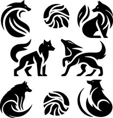 This graphic features a collection of six unique, stylized wolf silhouettes in a bold, black and white design.
