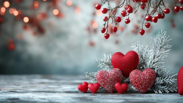 Red heart shapes frosted pine branches red berries romantic winter holiday scene soft bokeh lights warm love cozy atmosphere rustic wooden surface snow pine branch blurred background warmth frost