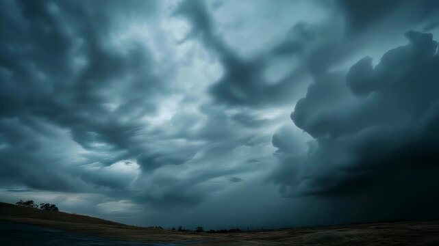 Dramatic dark sky filled with heavy storm clouds converging ominously, signaling an approaching violent thunderstorm—moody atmospheric weather background