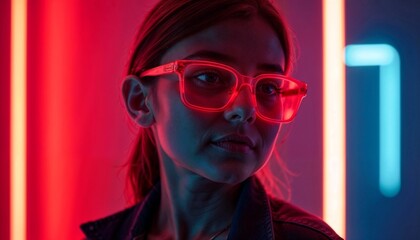 Stylish Woman in Neon Red Glasses with Futuristic Lighting and Colorful Cyberpunk Background