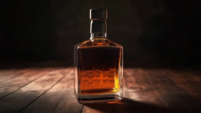 Amber liquid in square glass bottle with wooden stopper on warm lighting surface, reflective transparent whiskey spirit container close up still life bar beverage drink elegant vintage ambiance