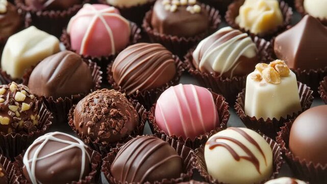 Assorted chocolate truffle confection with various toppings and coatings including nuts, white and dark chocolate, creating rich and indulgent sweet dessert treat with praline candy and cocoa flavors
