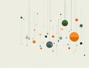 Abstract graphic with various colored circles and thin lines hanging down
