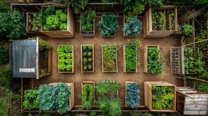 Aerial view of a well-organized vegetable garden with multiple raised wooden beds, showcasing diverse green plants and pathways in a backyard setting.