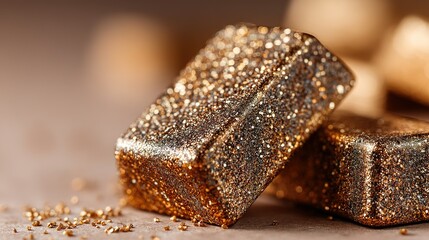 Close-up of golden glitter-coated blocks.