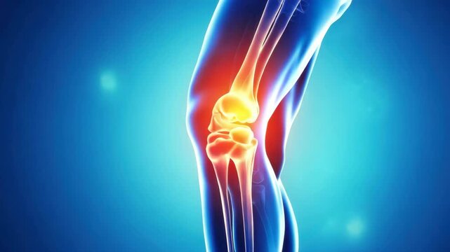 Knee joint pain inflammation anatomy medical concept with highlighted bones and red glowing area showing discomfort injury leg illustration detailed inflammation surrounding tissue