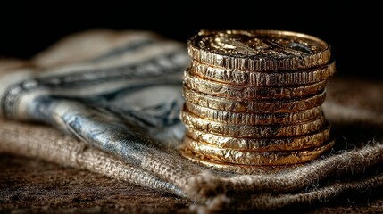 Stack of gold coins on a rustic surface.