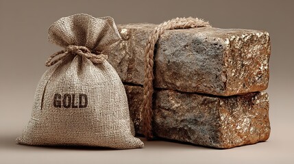 Gold bullion and a sack of gold.