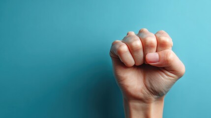 A clenched human fist is raised against a solid blue background, symbolizing strength, unity, and determination.